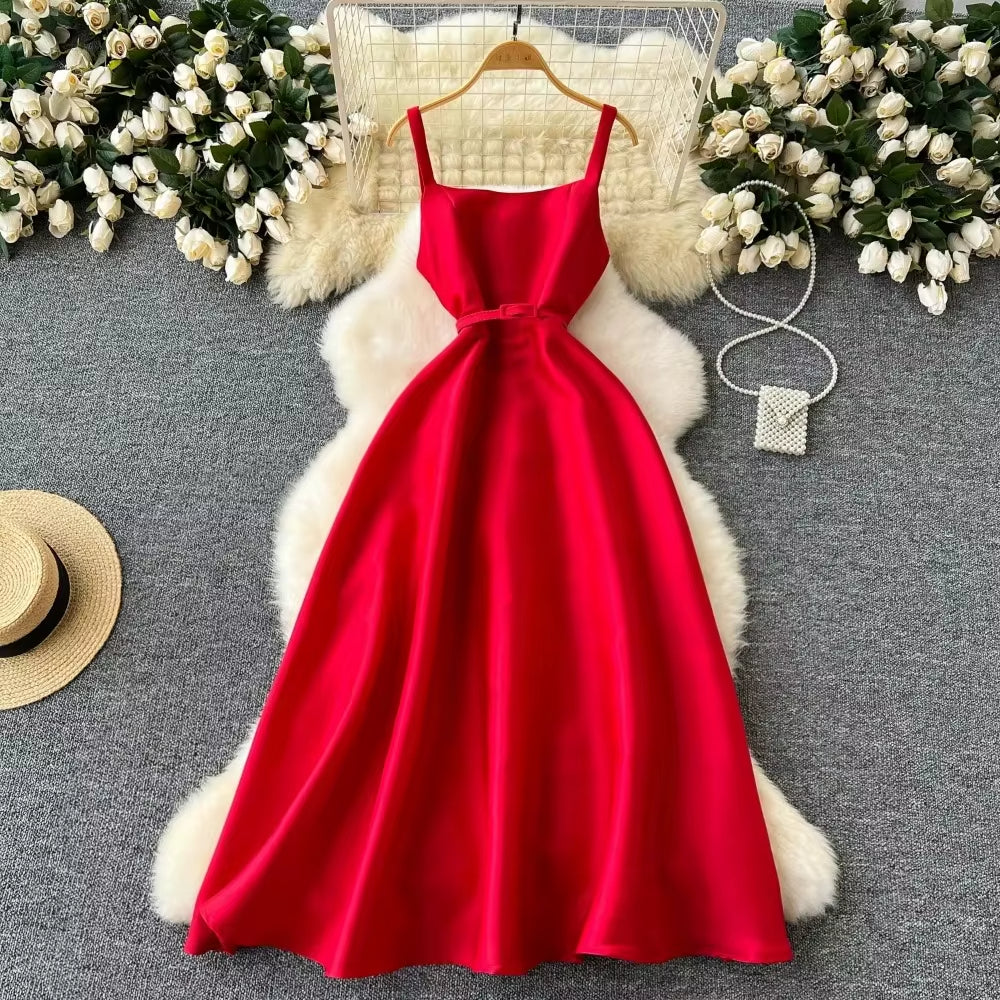Vestido largo mujer sin mangas estilo francés rojo vintage - Liora