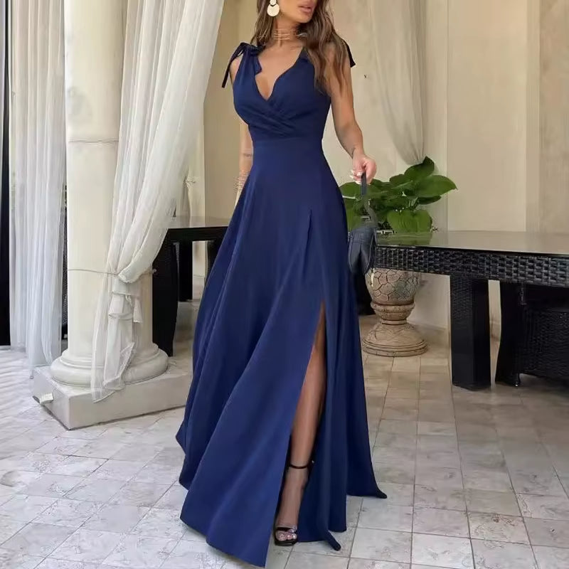 Vestido largo mujer sin mangas con abertura y escote en V azul noche - Elara