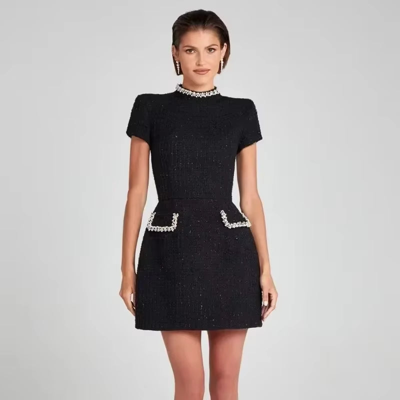 Vestido corto mujer tweed elegante con perlas blanco retro - Clarisse