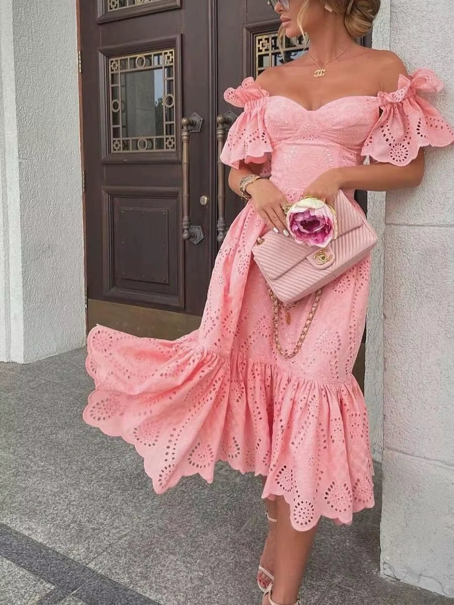 Vestido midi mujer hombros descubiertos encaje rosa romántico - Eloïse
