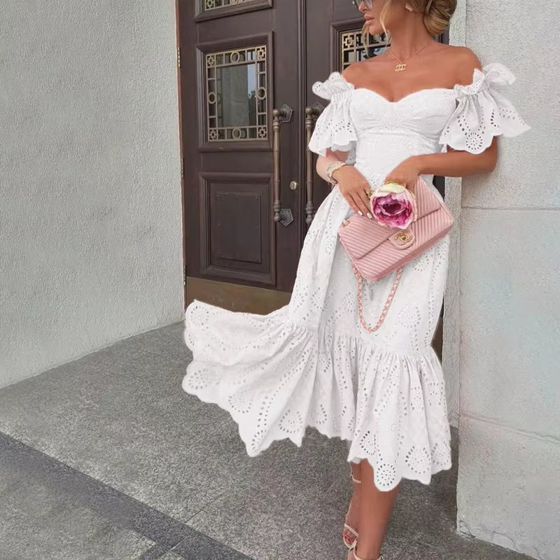 Vestido midi mujer hombros descubiertos encaje rosa romántico - Eloïse