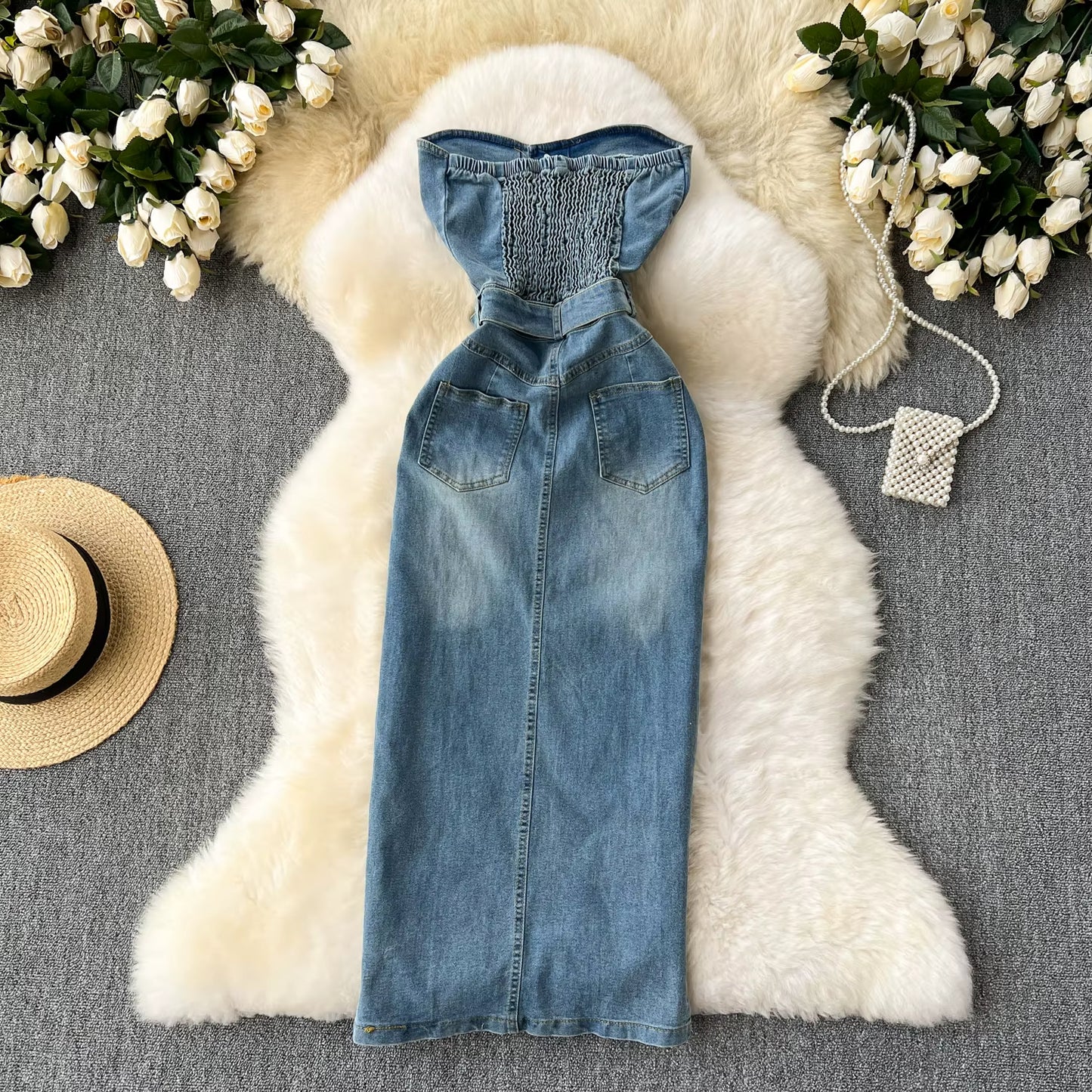 Vestido denim mujer palabra de honor con cinturón estilo western – Dakota