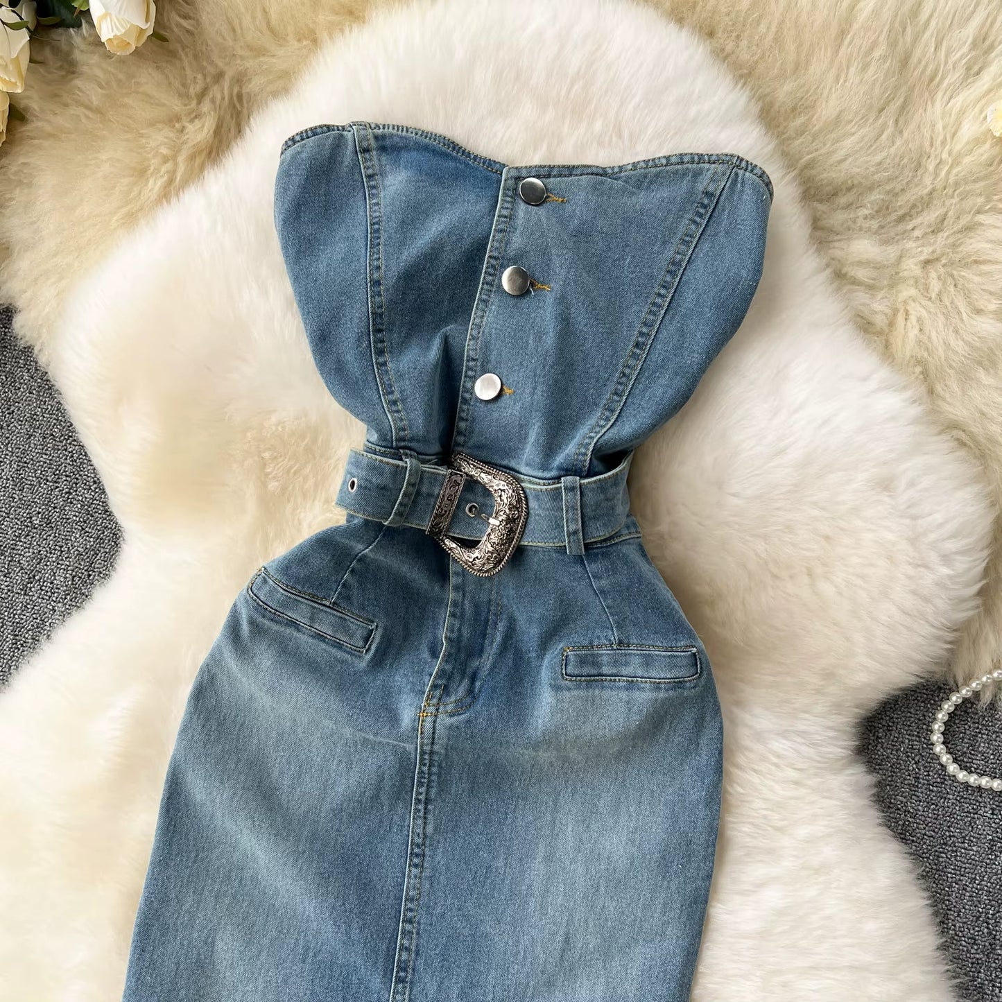 Vestido denim mujer palabra de honor con cinturón estilo western – Dakota