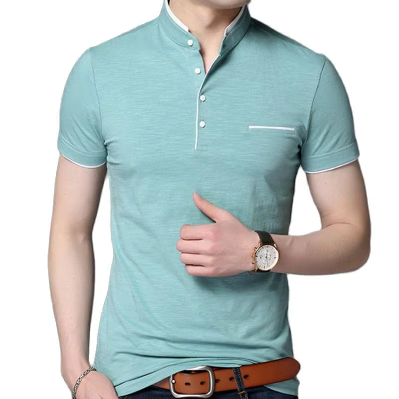 Polo hombre cuello mao botones contraste negro elegante - Dante