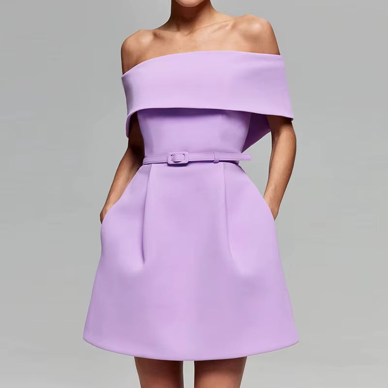 Vestido corto mujer escote bardot plisado lila elegante - Liora