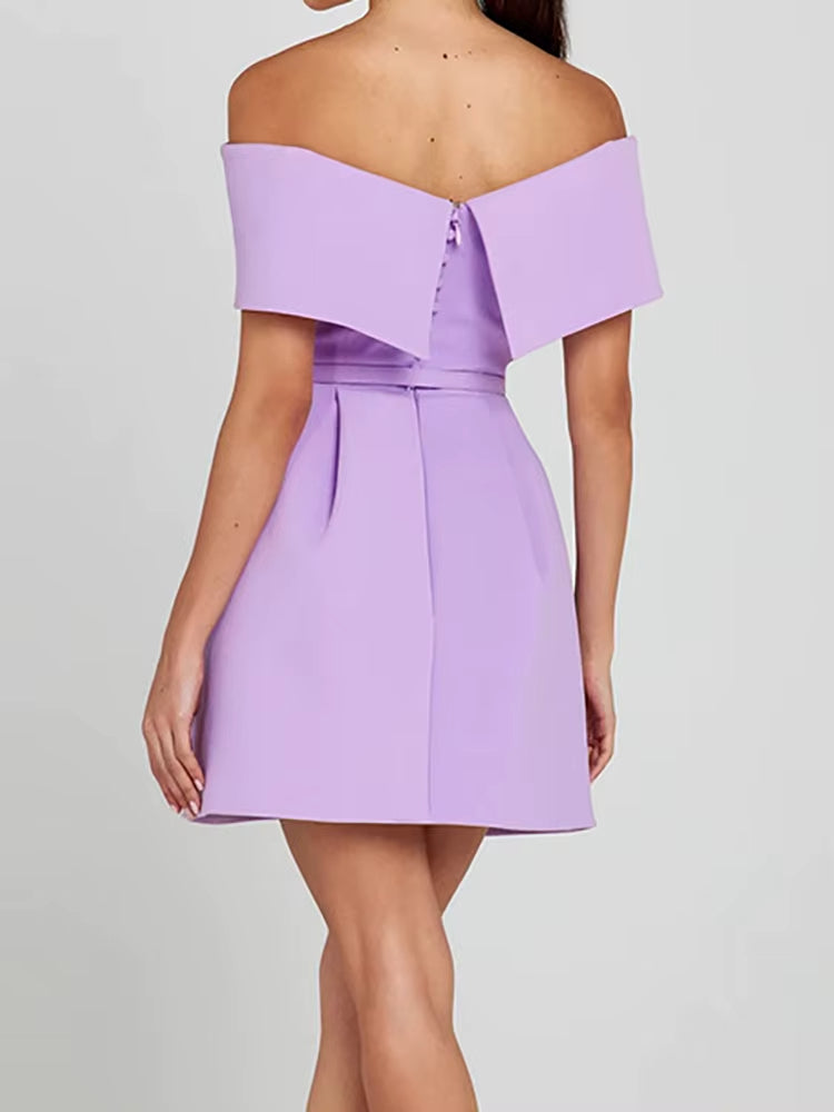 Vestido corto mujer escote bardot plisado lila elegante - Liora