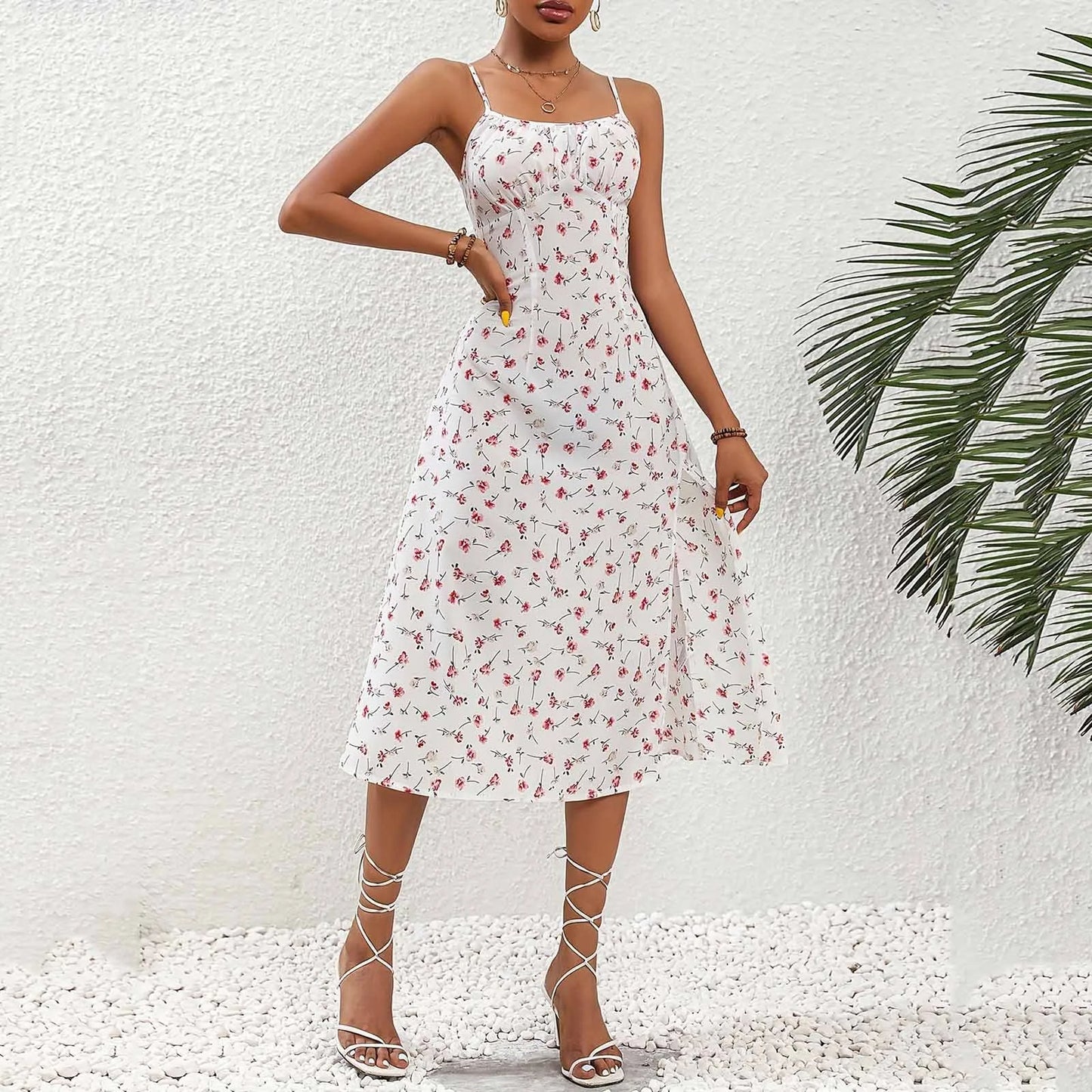 Vestido midi mujer tirantes lunares rojo con abertura - Fiorella