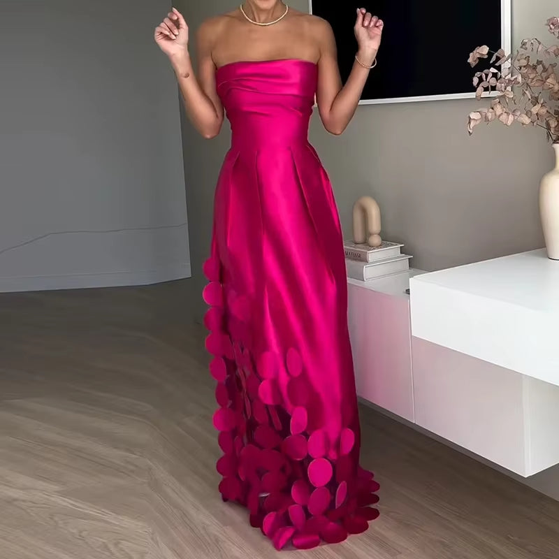 Vestido largo mujer satén sin tirantes con detalles calados - Valentina
