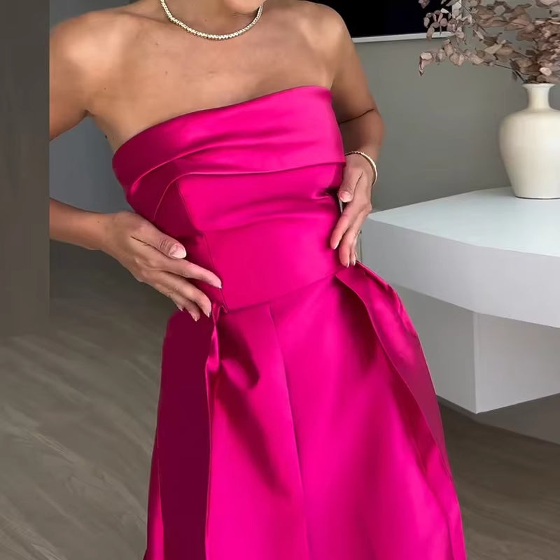Vestido largo mujer satén sin tirantes con detalles calados - Valentina