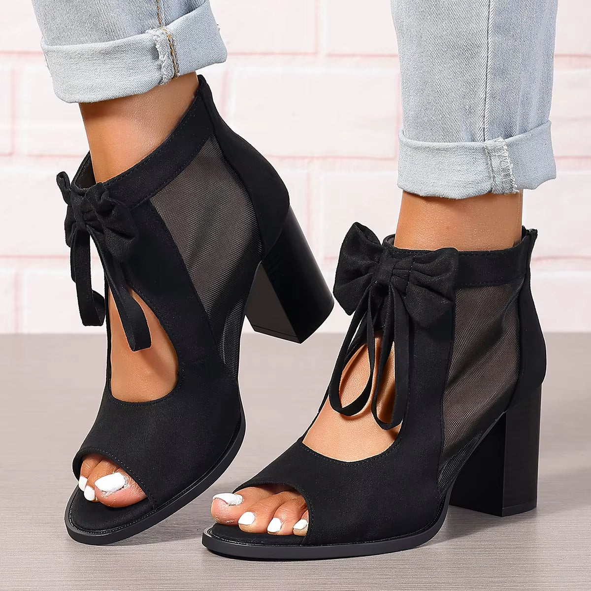 Sandalias de tacón para mujer con lazo y paneles de malla - Natalia