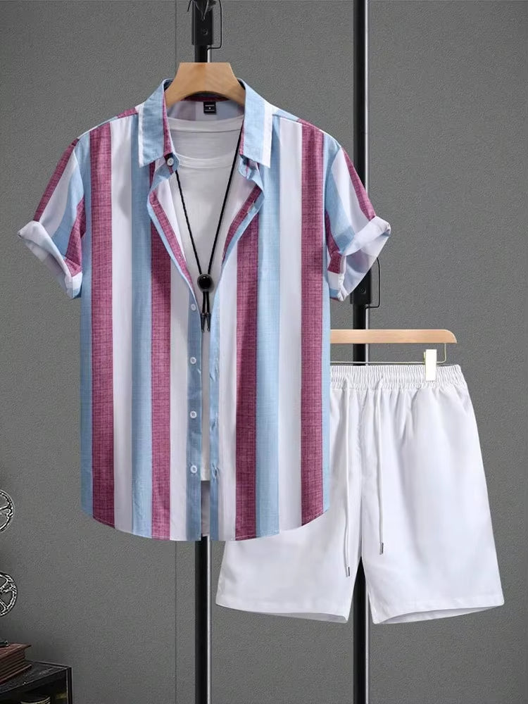 Conjunto verano hombre camisa rayas y short blanco casual - Elio