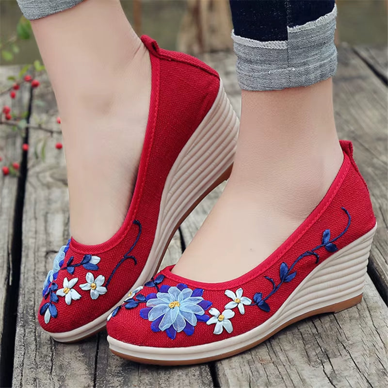 Zapatos de cuña para mujer bordado floral artesanal - Amelia