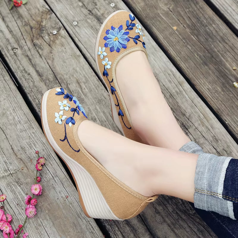 Zapatos de cuña para mujer bordado floral artesanal - Amelia