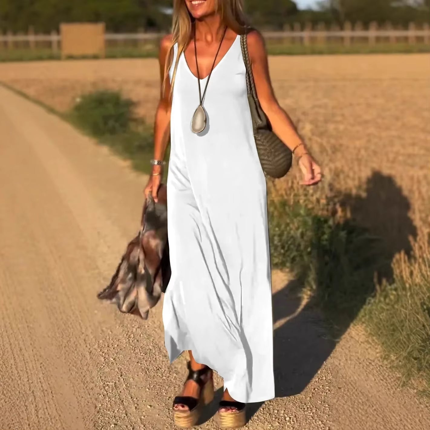 Vestido largo para mujer de tirantes fluidos estilo casual - Celina