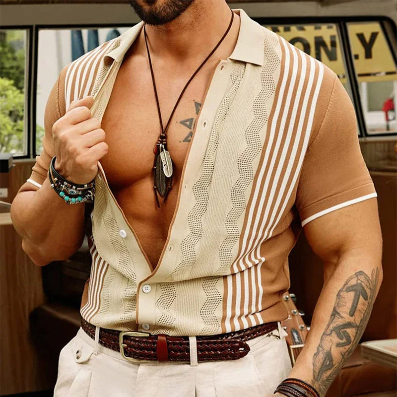 Camisa hombre punto vintage con rayas beige y marrón - Renato