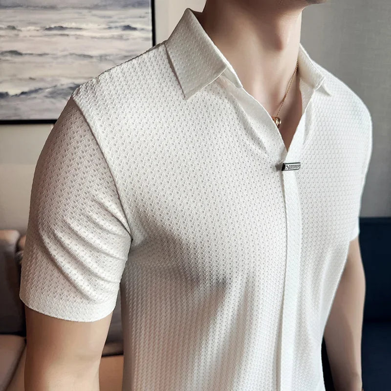 Polo hombre estilo británico textura gofre negro elegante - Lionel