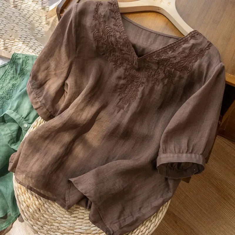 Blusa mujer cuello V bordado lino estilo bohemio marrón - Natalia