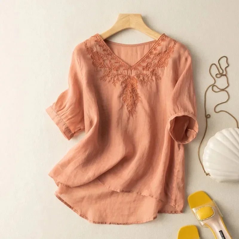 Blusa mujer cuello V bordado lino estilo bohemio marrón - Natalia