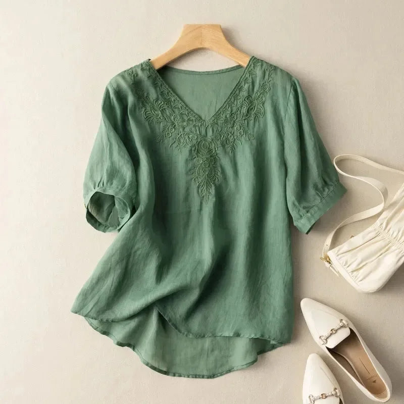 Blusa mujer cuello V bordado lino estilo bohemio marrón - Natalia