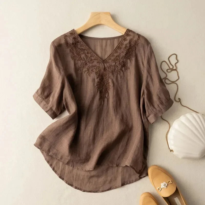 Blusa mujer cuello V bordado lino estilo bohemio marrón - Natalia