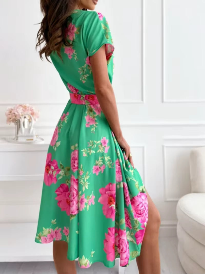 Vestido mujer estampado floral manga corta con cinturón verde - Mirella