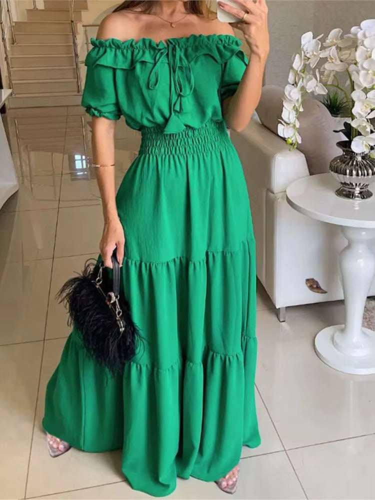 Vestido largo mujer hombros descubiertos con volantes fucsia - Malena