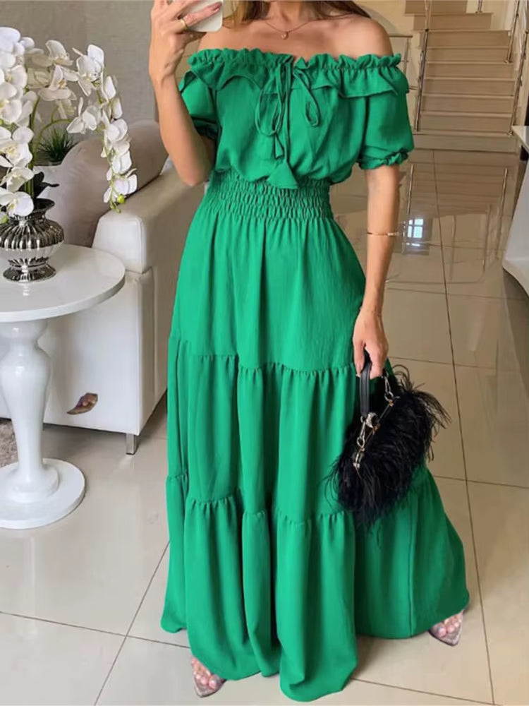Vestido largo mujer hombros descubiertos con volantes fucsia - Malena