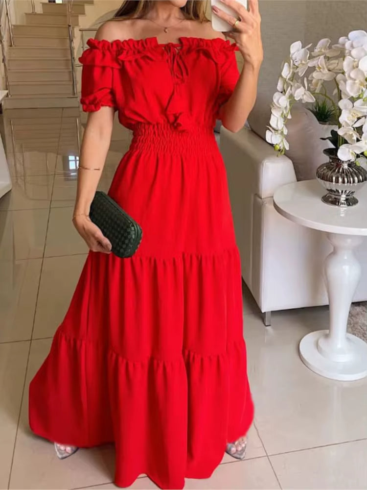 Vestido largo mujer hombros descubiertos con volantes fucsia - Malena