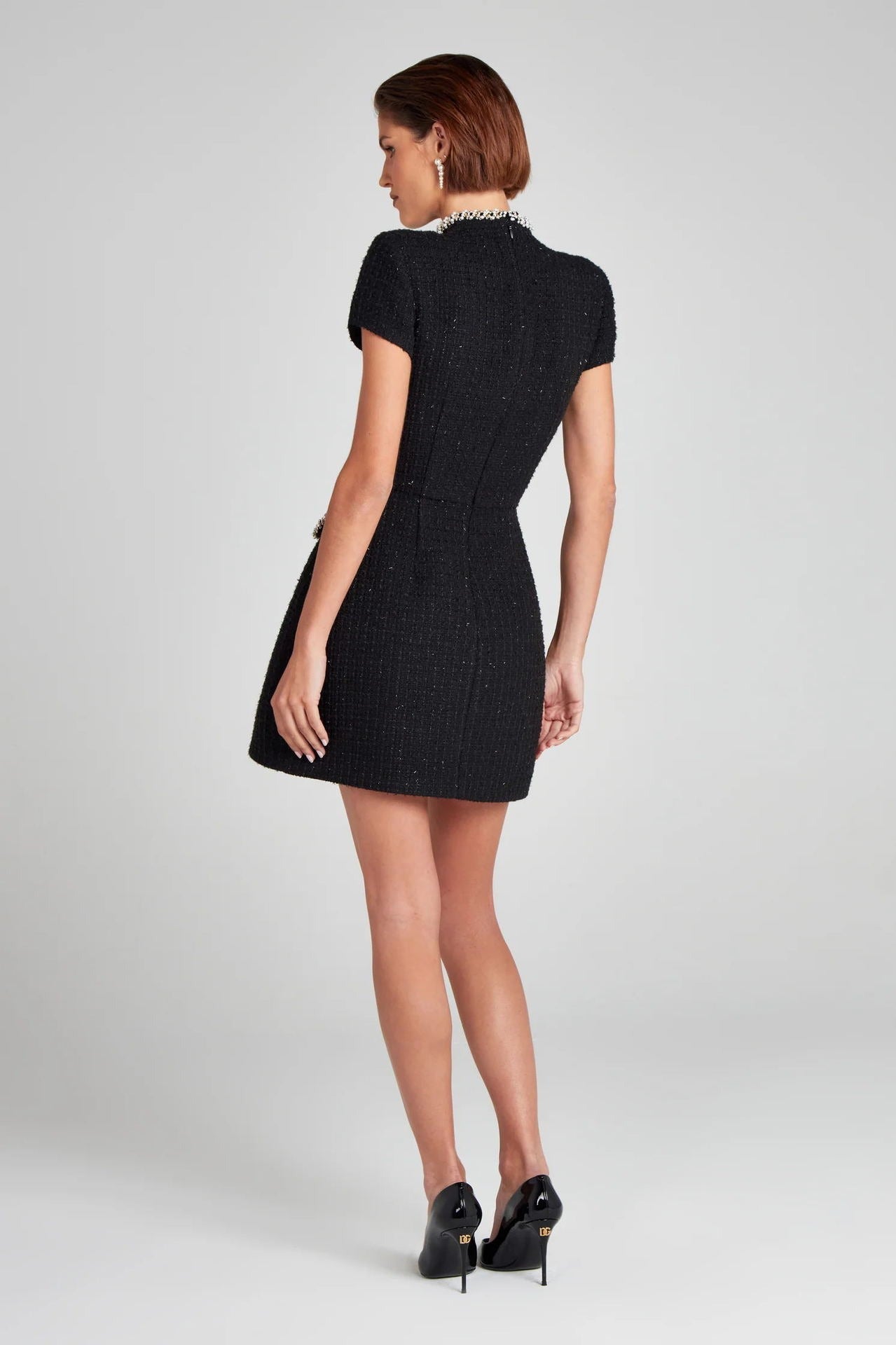 Vestido corto mujer tweed elegante con perlas blanco retro - Clarisse