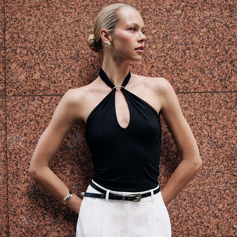 Top para mujer con escote halter fruncido diseño asimétrico - Kiara