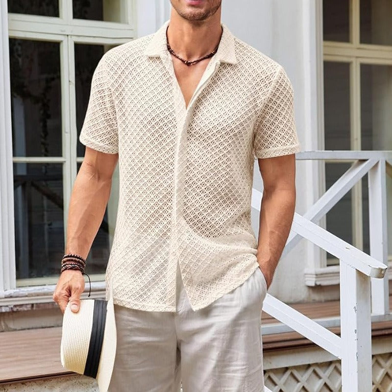Camisa para hombre de tejido calado de manga corta con estilo veraniego - Marco