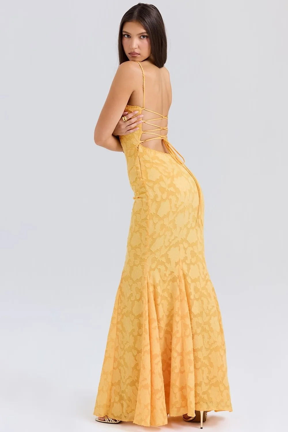 Vestido largo mujer tirantes encaje efecto sirena amarillo elegante - Aurélie