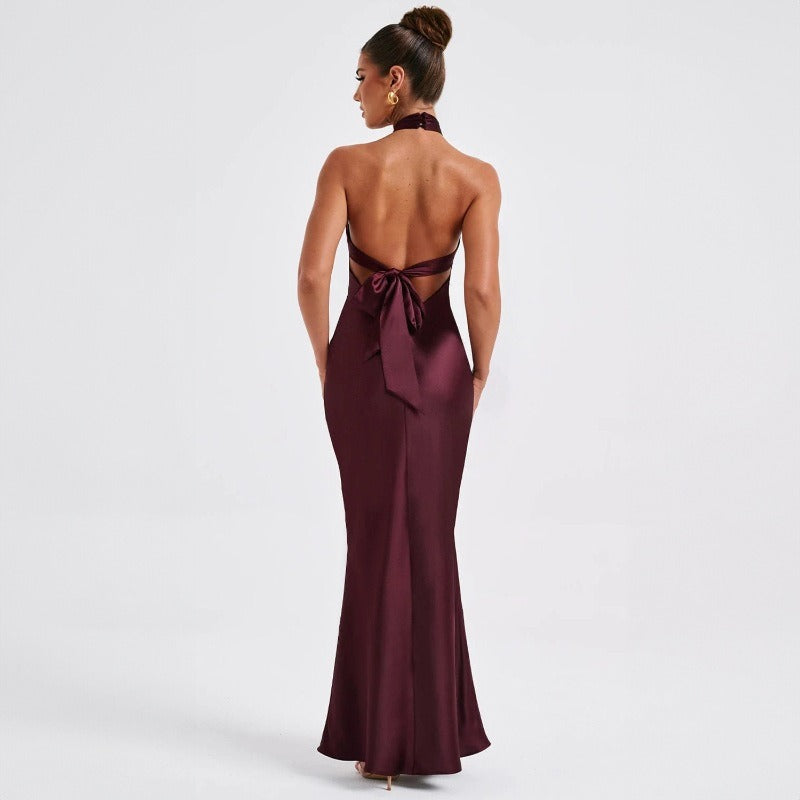Vestido largo para mujer de satén cruzado con cuello halter - Elvira