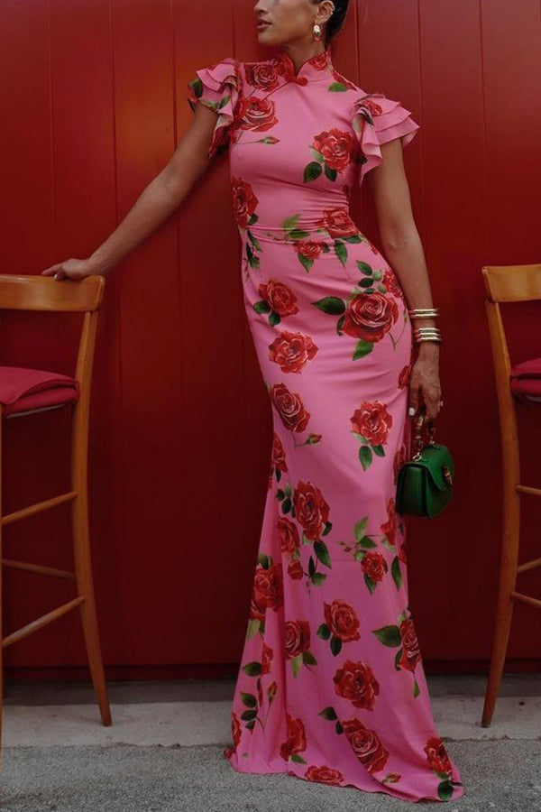 Elena - Vestido Largo con Mangas Acampanadas y Estampado Floral de Rosas