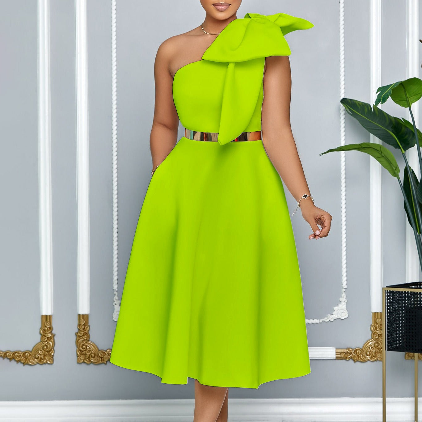 Vestido midi mujer con lazo en un hombro estilo elegante - Mireya