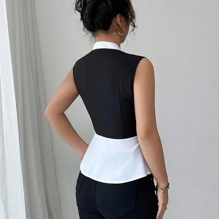 Blusa para mujer sin mangas diseño bicolor corte peplum - Mireya