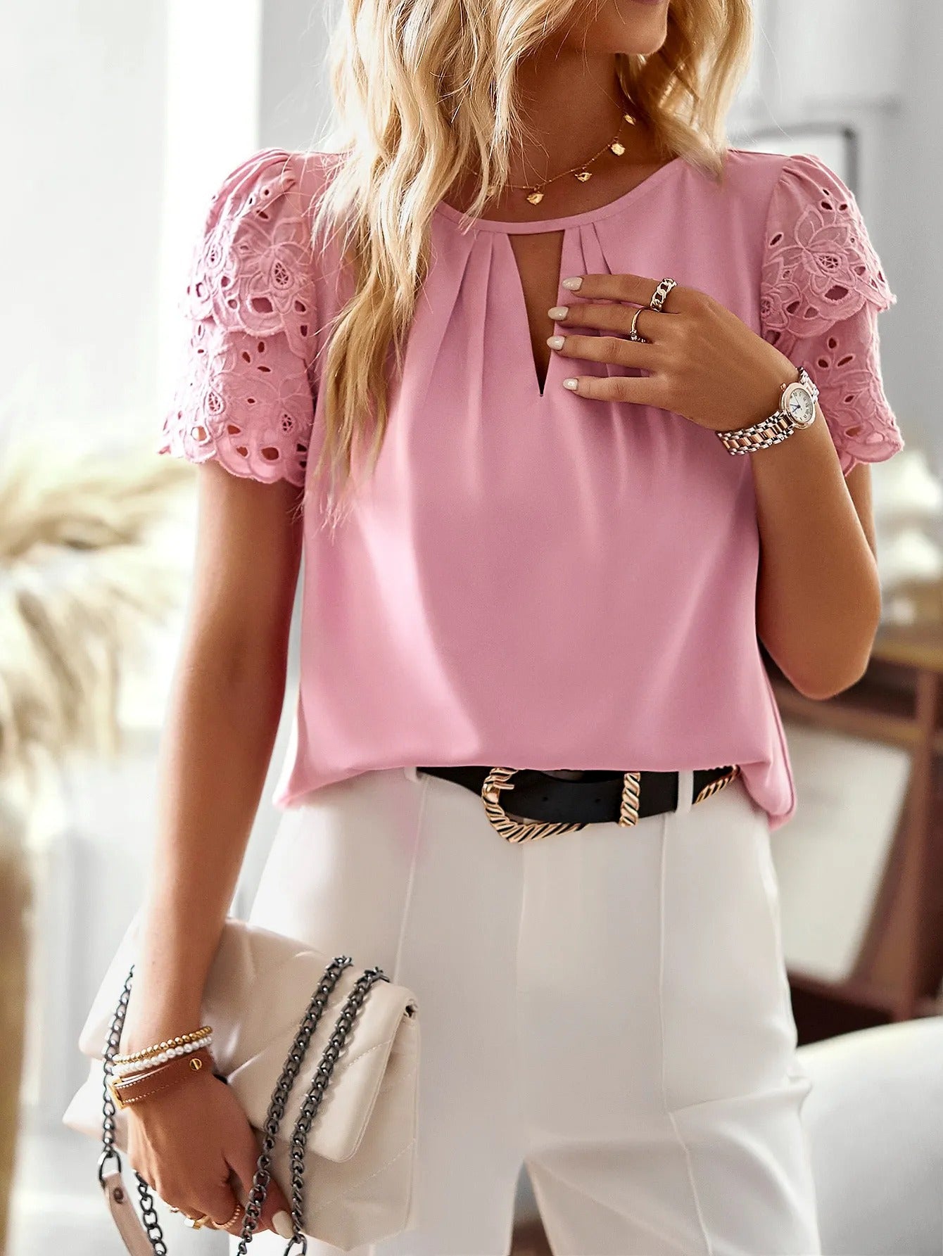 Blusa mujer manga bordada detalle calado - Natalia