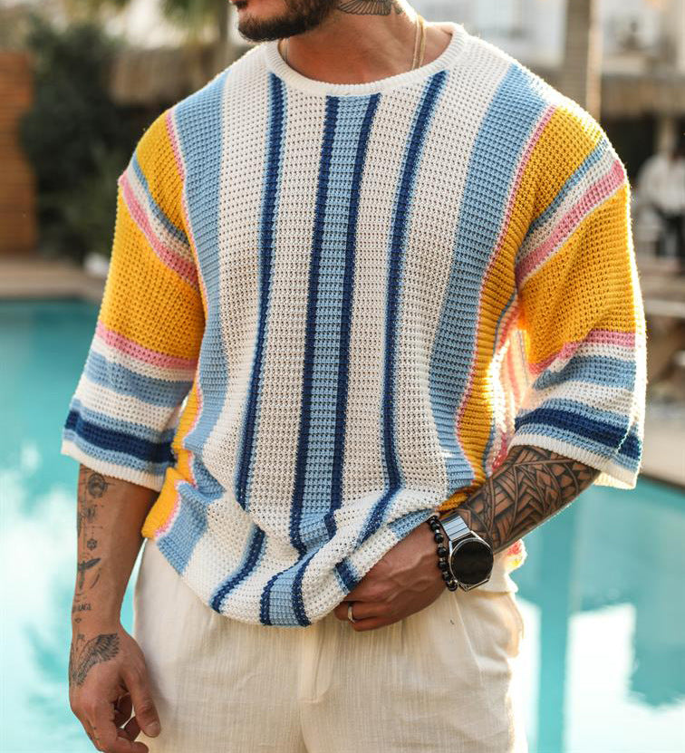 Camiseta hombre crochet calado rayas multicolor estilo veraniego - Dorian