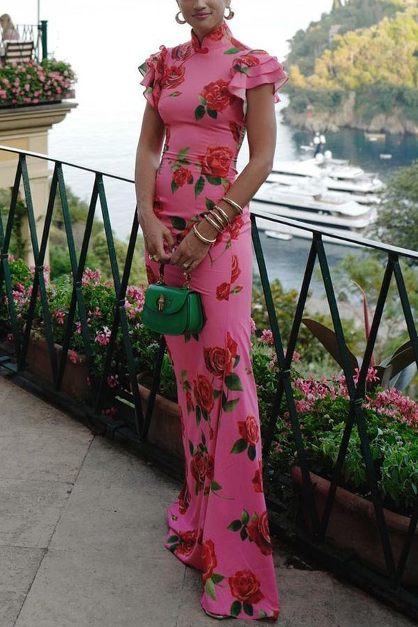 Elena - Vestido Largo con Mangas Acampanadas y Estampado Floral de Rosas