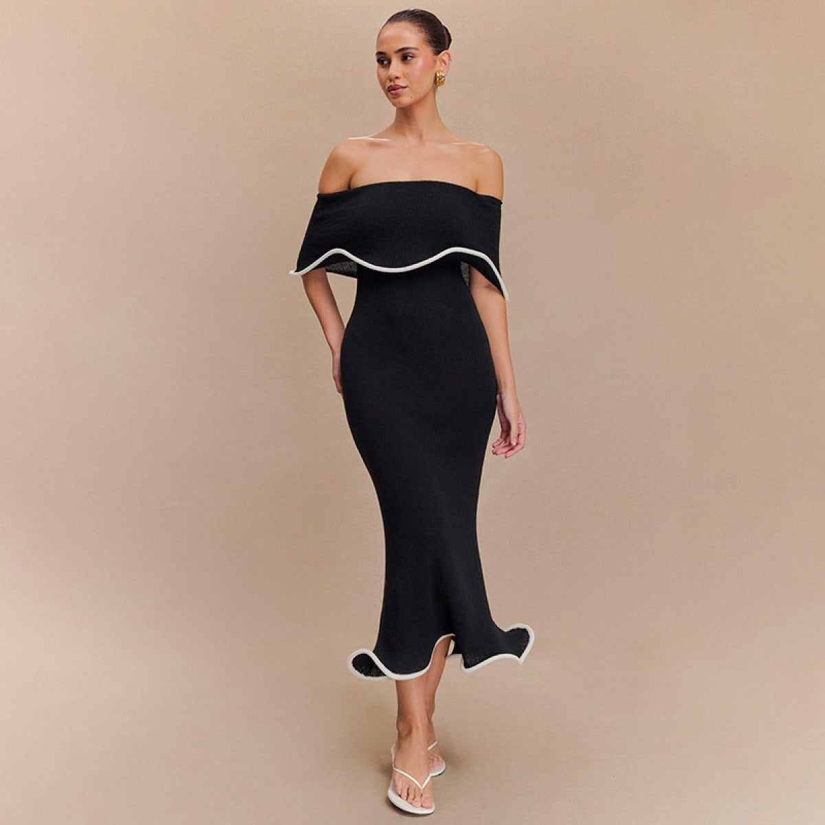 Vestido largo para mujer de escote bardot con volantes estilo sirena - Camila