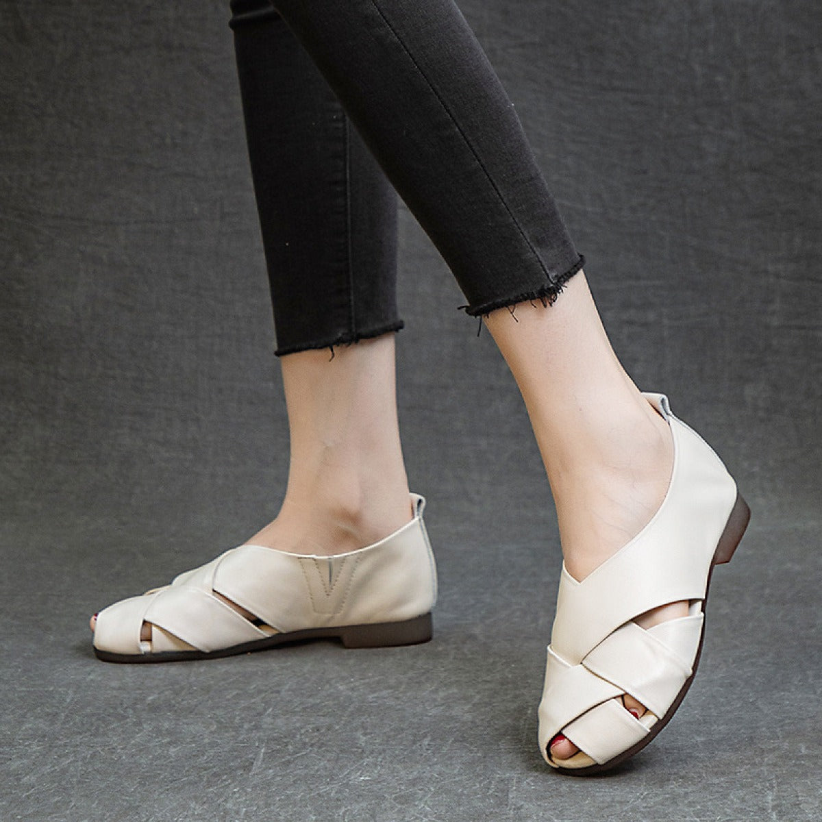 Zapatos planos mujer piel auténtica puntera abierta negro elegante - Nayra