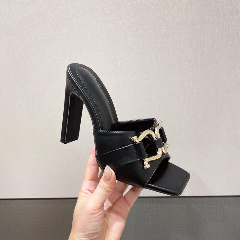 Sandalias de tacón alto mujer doble hebilla metálica negro elegante - Kalisa