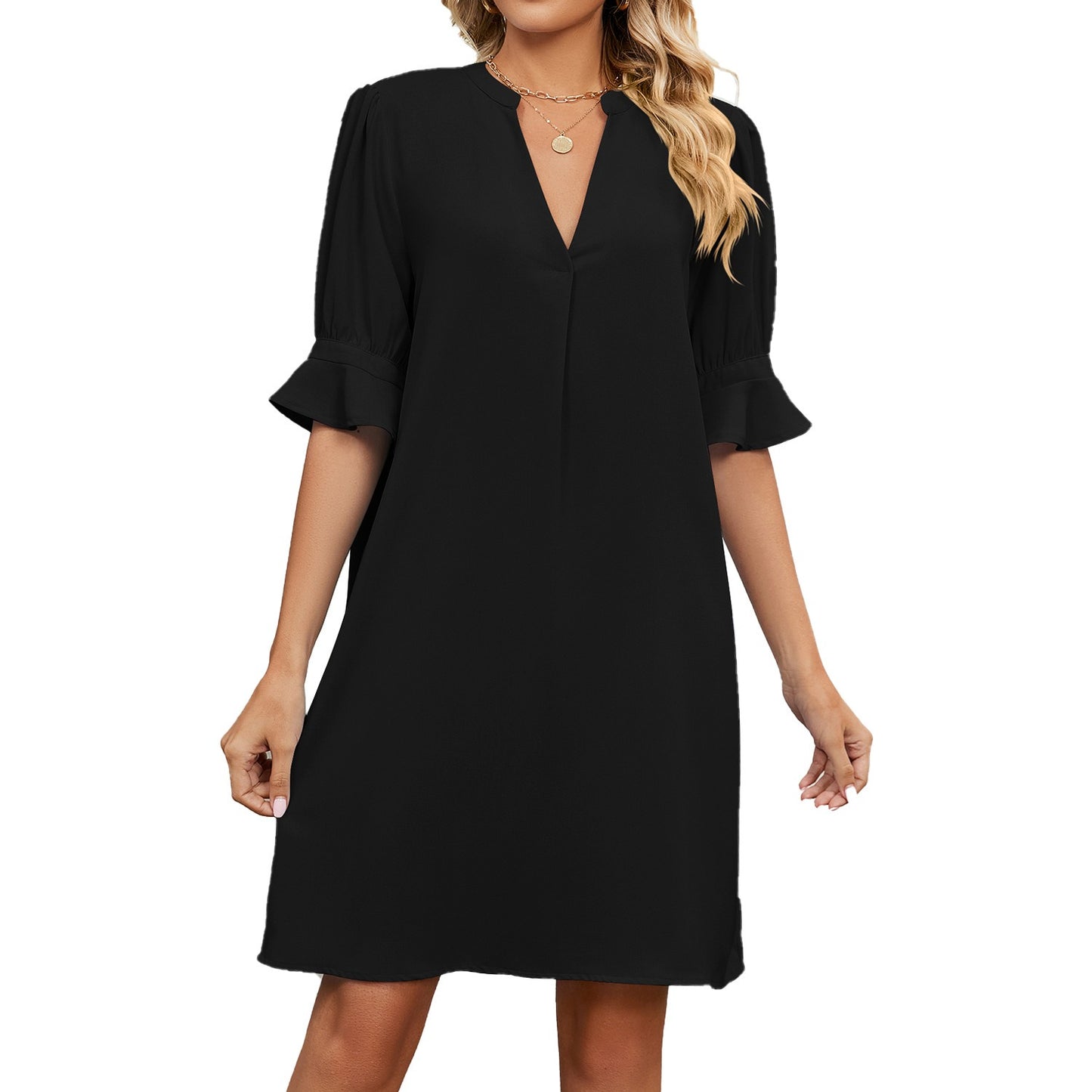 Vestido corto mujer manga con volante estilo fluido - Gabriela