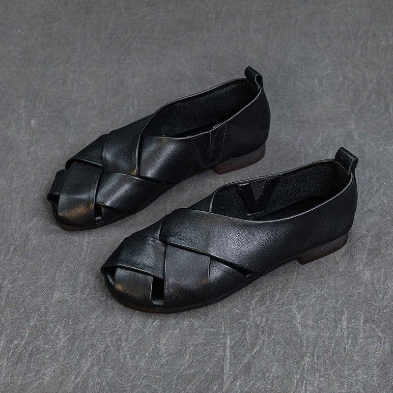 Zapatos planos mujer piel auténtica puntera abierta negro elegante - Nayra