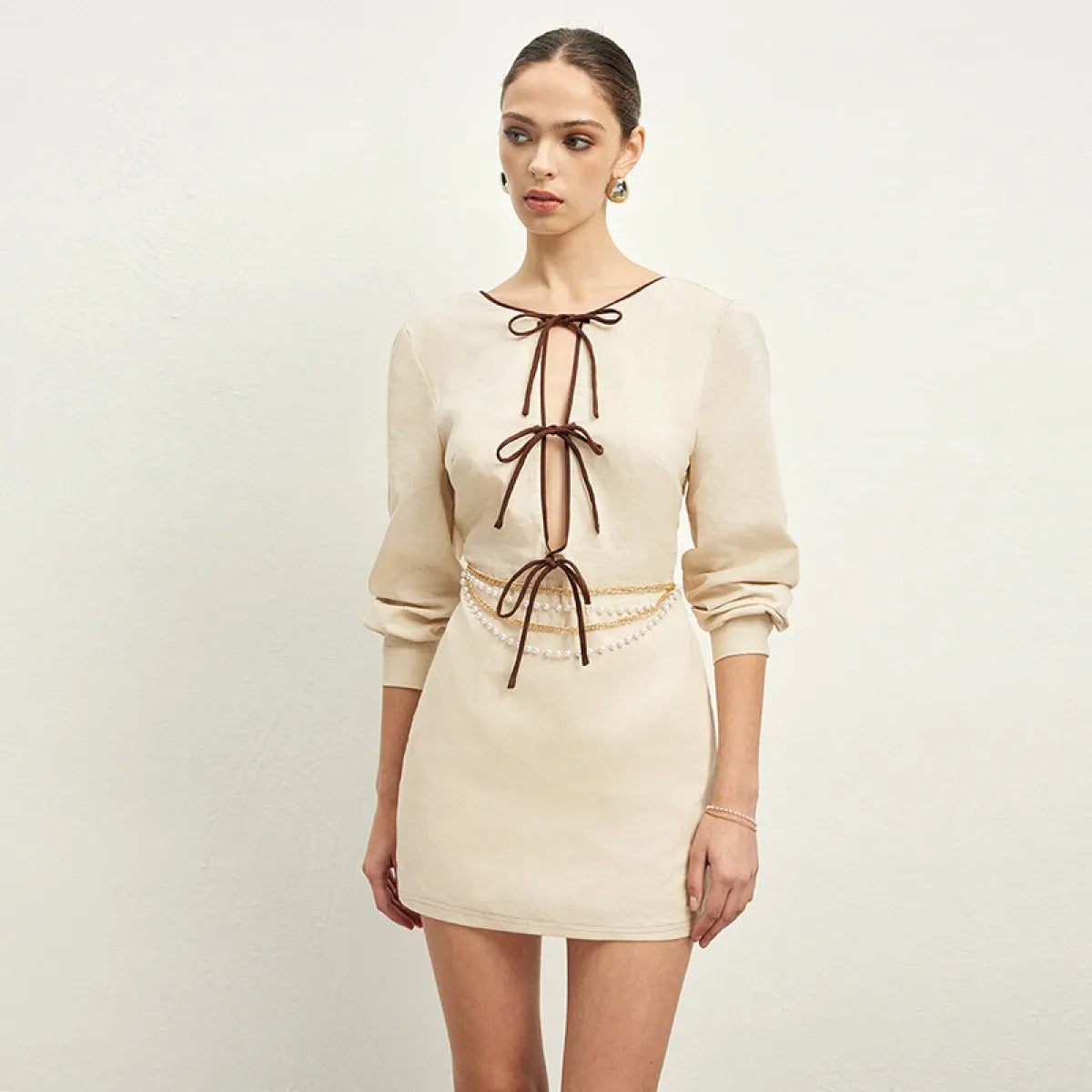 Vestido corto mujer lino lazos decorativos estilo elegante - Renata