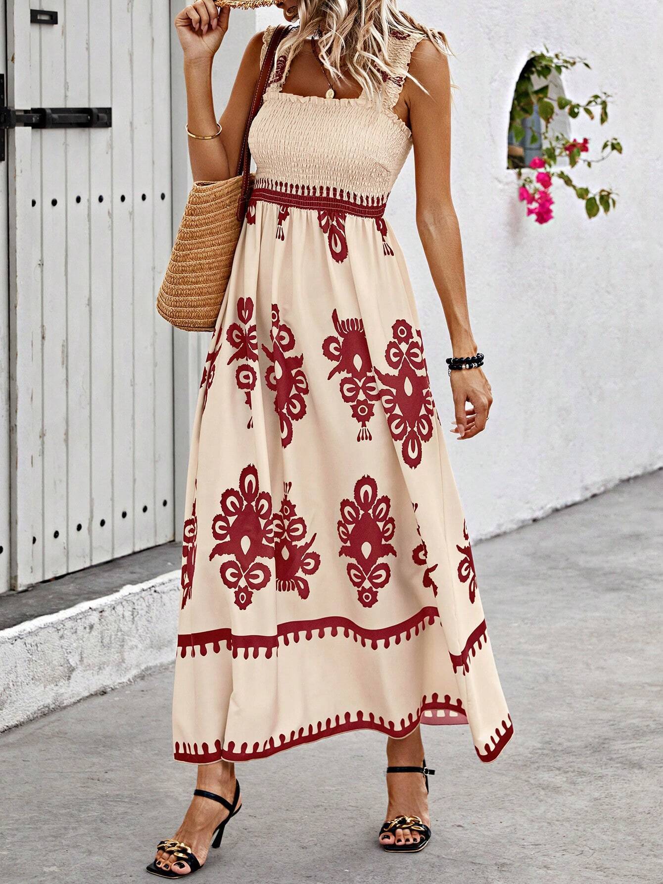 Vestido largo mujer estampado bohemio tirantes playa beige y negro - Zahara
