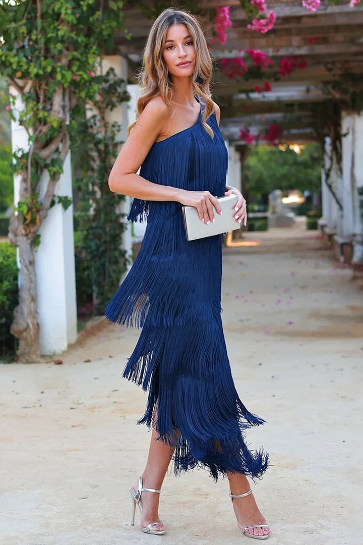 Eliza - Vestido de diseño con capas multicapa y borlas