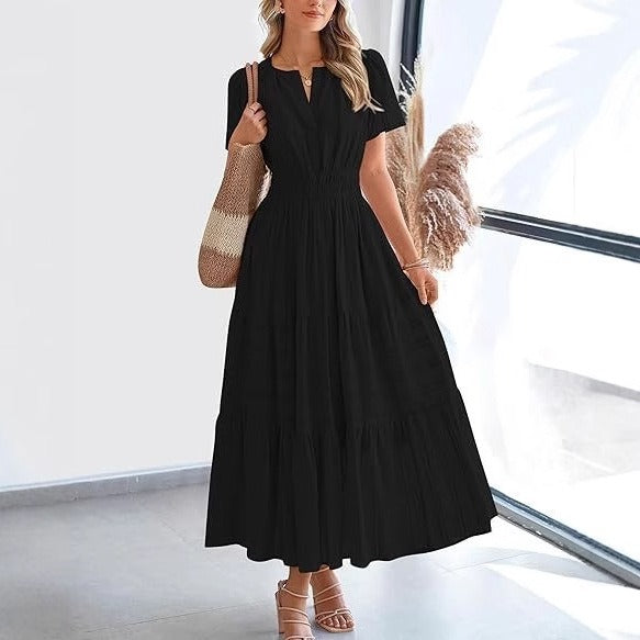 Vestido midi para mujer plisado manga corta estilo bohemio - Lorena