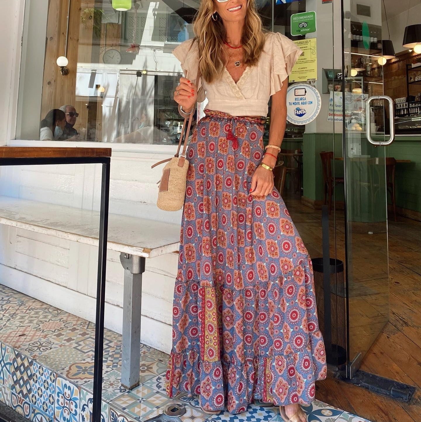 Falda larga de mujer con estampado paisley multicolor y corte bohemio - Clémence