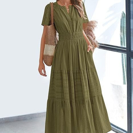Vestido midi para mujer plisado manga corta estilo bohemio - Lorena